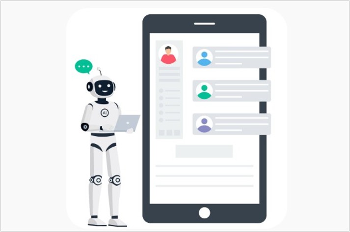 AIロボットがスマートフォンの画面で顧客対応をしているイラスト